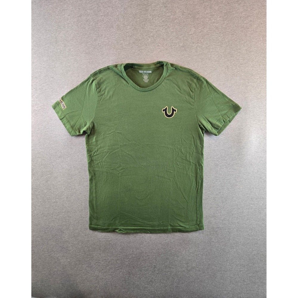 True Religion Graphic T-Shirt Mens L Green Buddha Horseshoe Logo Short Sleeve
